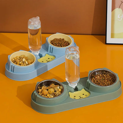 Double Dog Cat Bowls with Water Dispenser Tilted